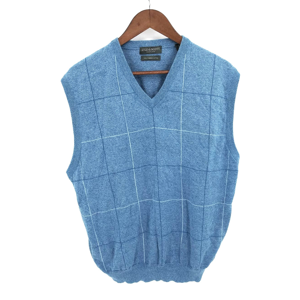 Lyle & Scott Scotland Blue & White Square Print Grandpa Sweater Vest Sz XL Mens